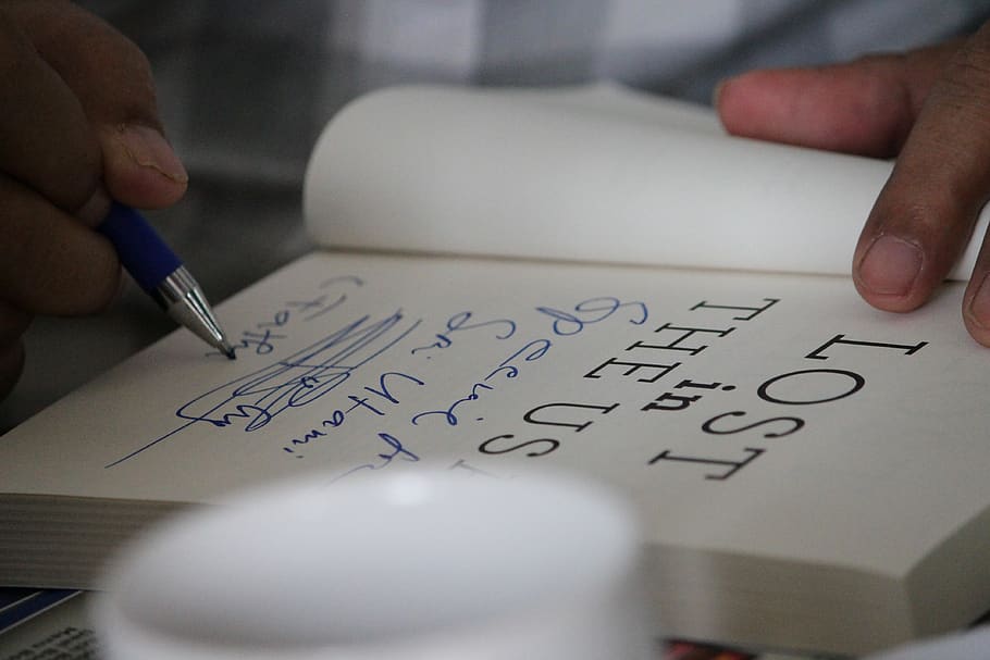 book, signing, writing, human hand, pen, text, human body part HD wallpaper