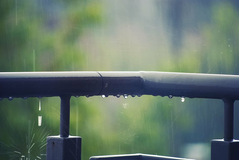 balustrade, metal, railing, rain, water, wet, nature, outdoors, HD wallpaper
