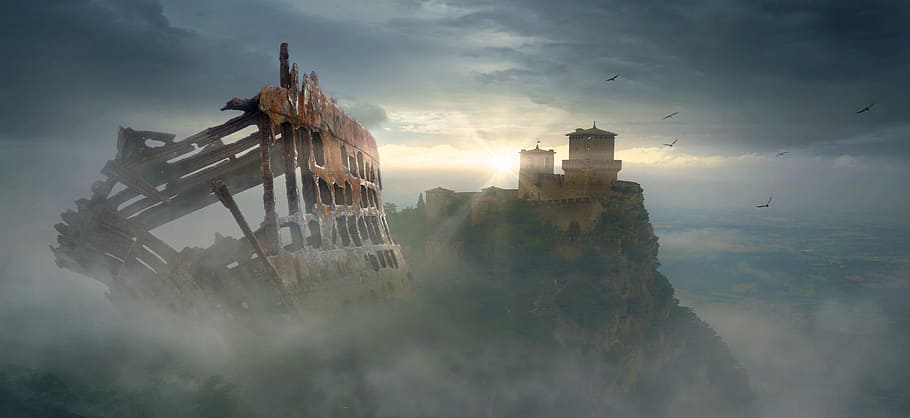 building on mountain top, fantasy, castle, fog, ship, wreck, mysterious