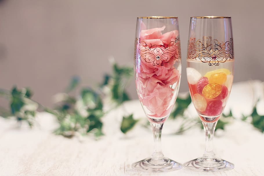 two glass champagne glass decors, drinking Glass, red, alcohol HD wallpaper