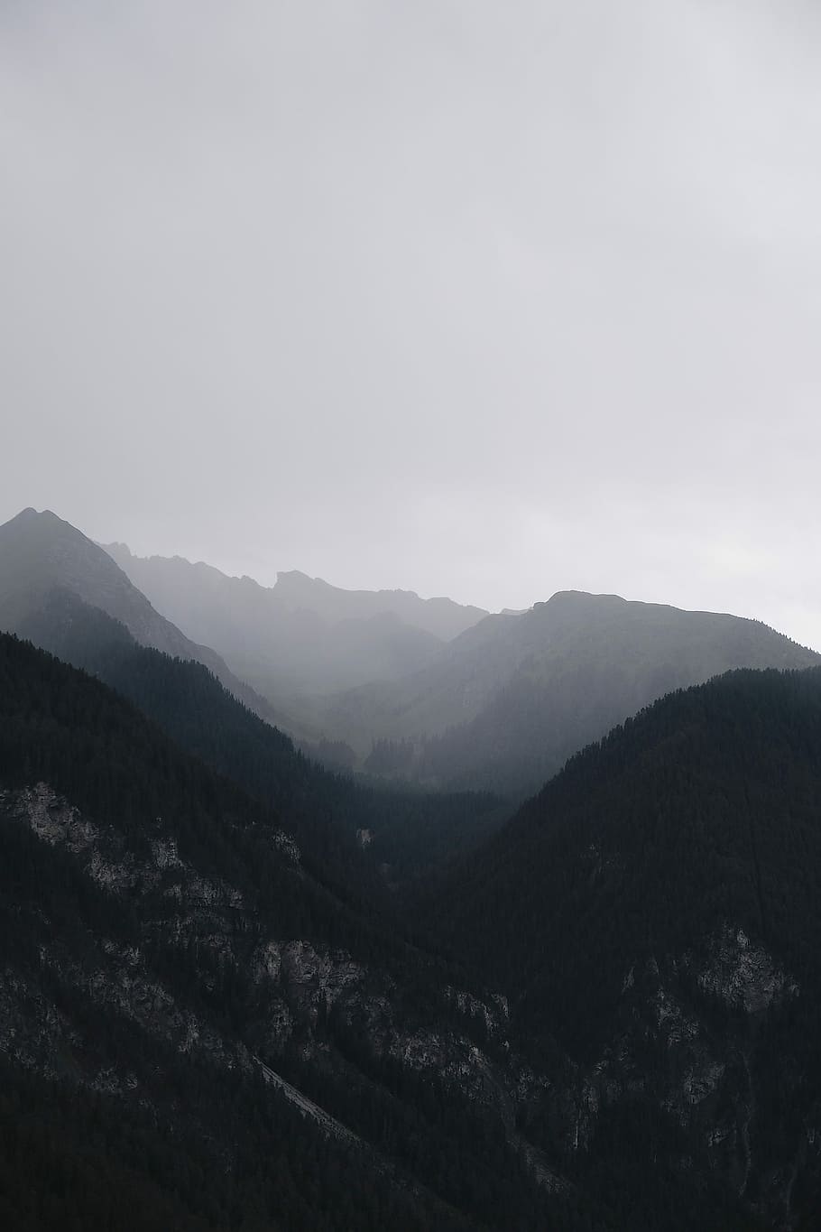 Swiss Mountains, silhouette of mountain with fogs, cloud, sky HD wallpaper