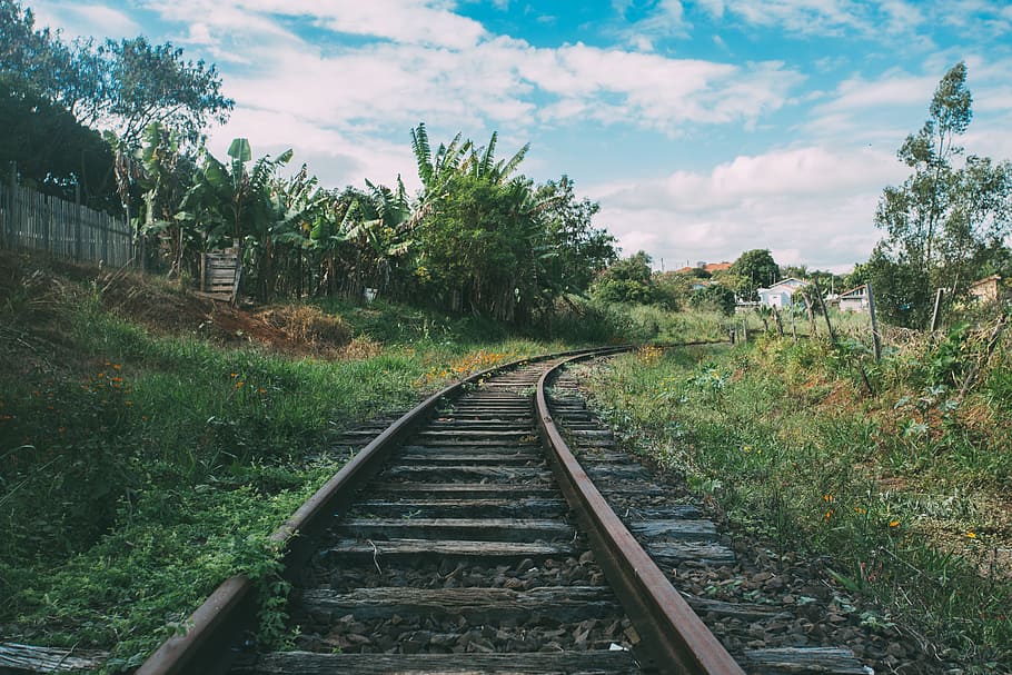 landscape, clouds, summer, curve, daylight, grass, guidance, locomotive HD wallpaper
