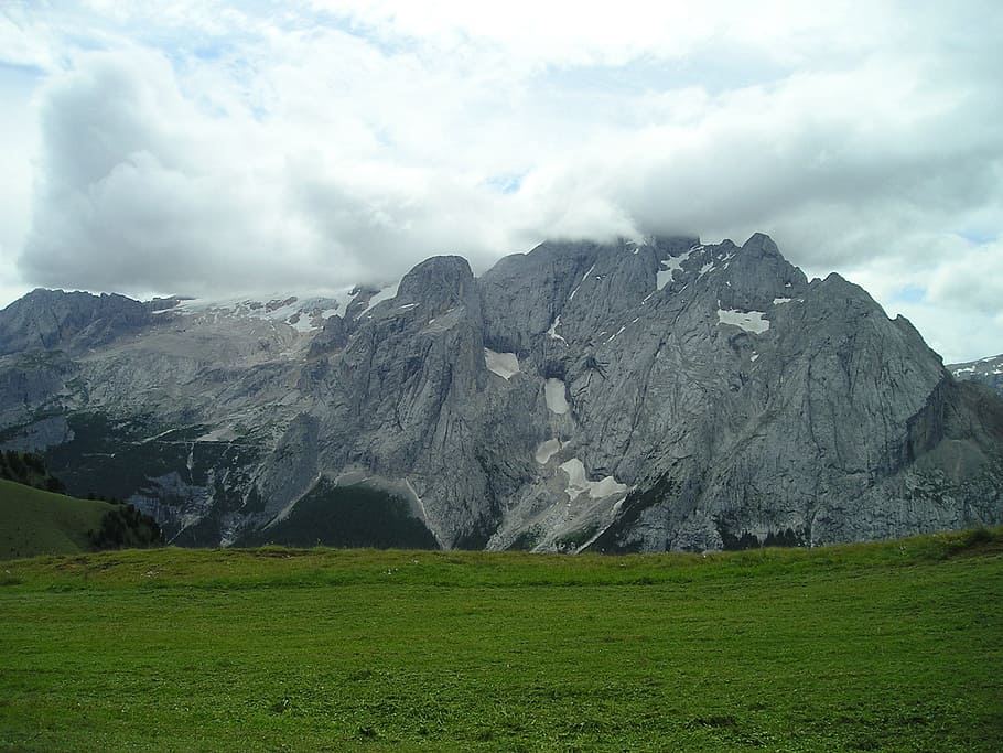 marmolada north wall, rock wall, clouds, cloudiness, dolomites HD wallpaper