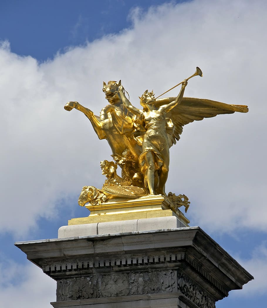 paris, france, sky, clouds, statue, monument, golden, beautiful, HD wallpaper