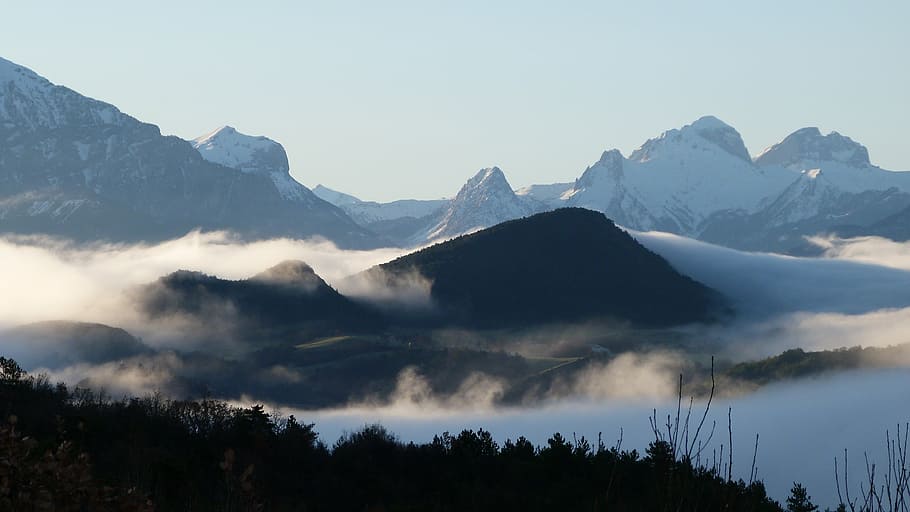 landscape photography of foggy mountains, alps, mist, morning HD wallpaper