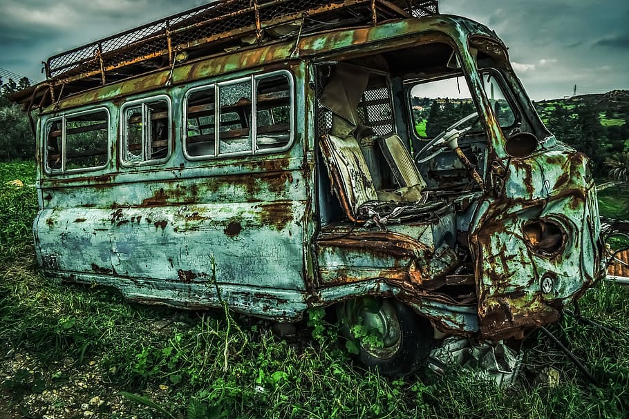 wrecked blue van photo, car, abandoned, rusty, old, vehicle HD wallpaper