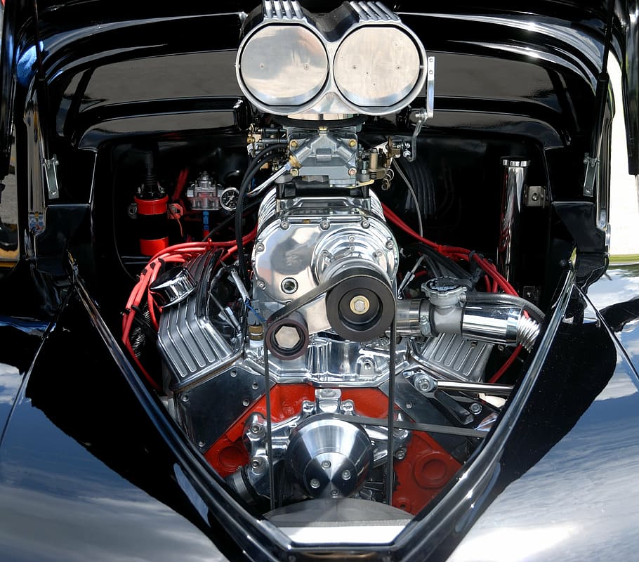 vehicle with chrome engine with headers, car engine, high performance HD wallpaper