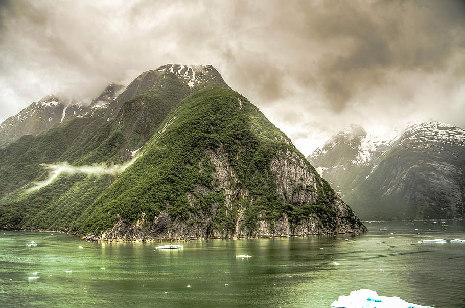 Black Clouds over rising hills in the Fjord around Juneau, Alaska, HD wallpaper