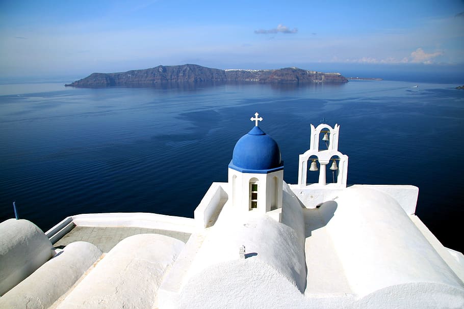 white chapel near body of water, Santorini, Greek, Island, Caldera