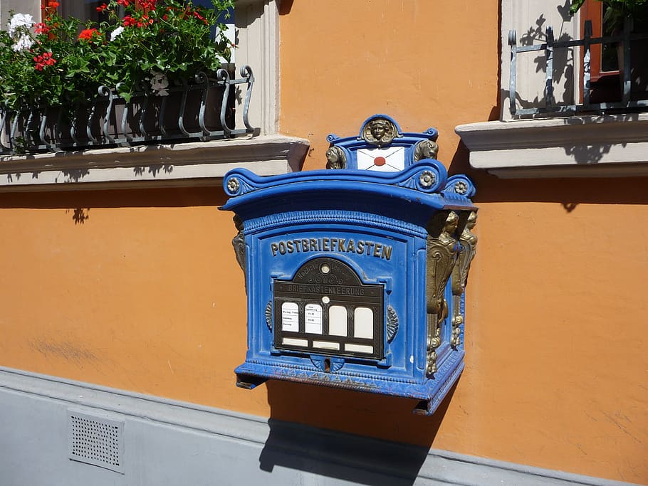mailbox, historically, blue, metal, mecklenburg western pomerania HD wallpaper
