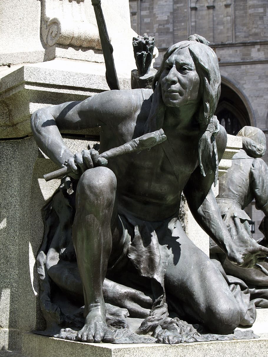 statue of man holding staff, monument, stone, figures, native american HD wallpaper