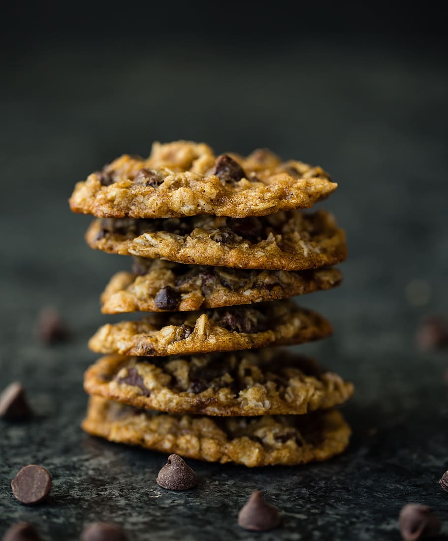 stack of chocolate cookies, Oatmeal Chocolate Chip Cookie, baked HD wallpaper
