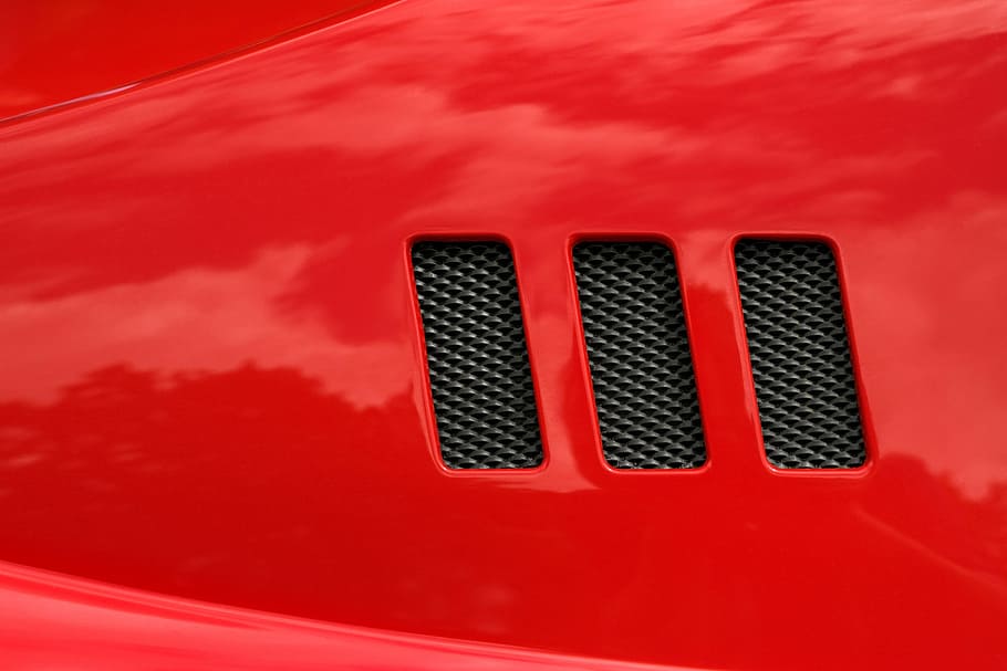 red vehicle, car, vent, engine, reflection, automotive, ferrari HD wallpaper
