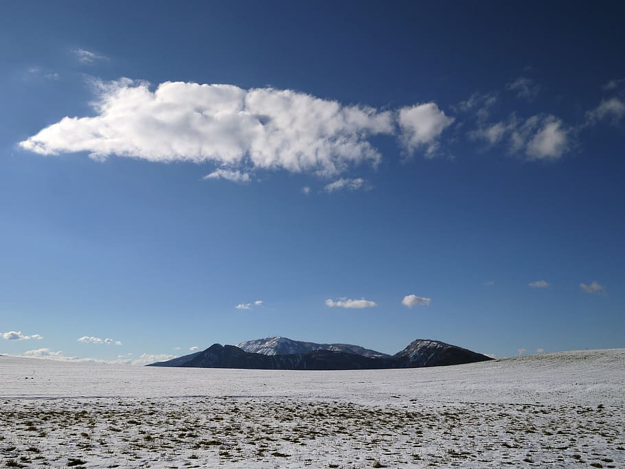 mountain, sky, clouds, blue, landscape, nature, snow, hiking HD wallpaper