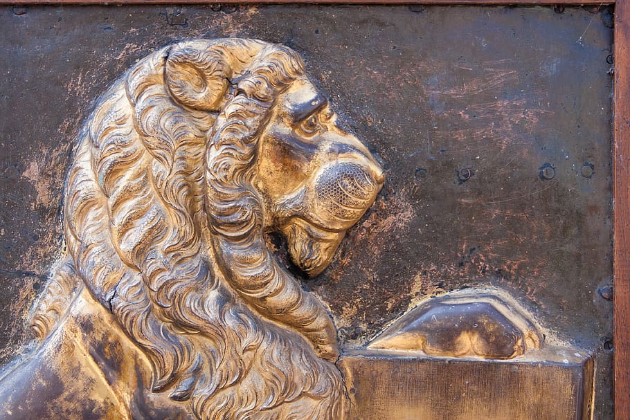 lion, gilded, relief, middle ages, coat of arms, figure, bronze, HD wallpaper