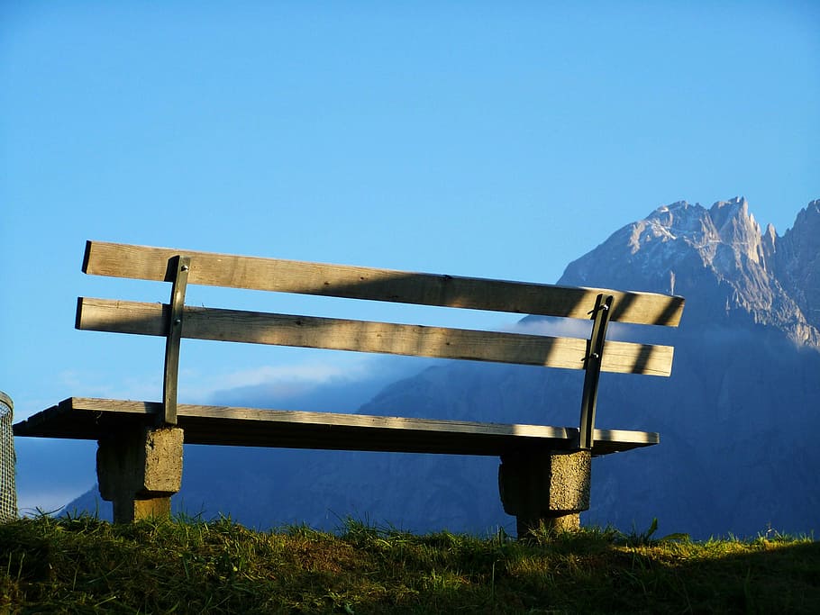 pad, blue sky, rest, bench, nature, outdoors, mountain, wood - Material HD wallpaper