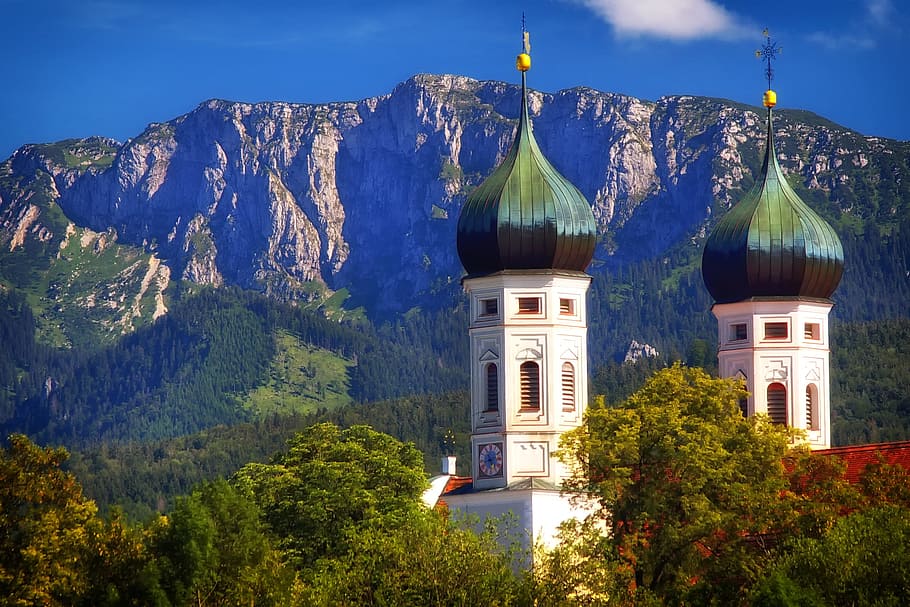 Monastery, Church, Religion, faith, towers, mountains, germany, HD wallpaper