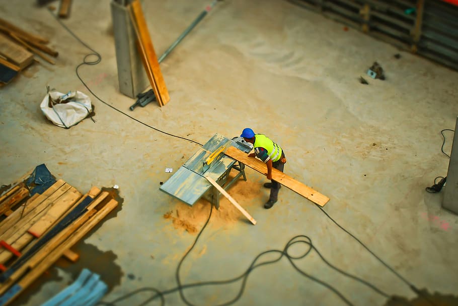 person in blue safety helmet, construction, site, build, construction work HD wallpaper