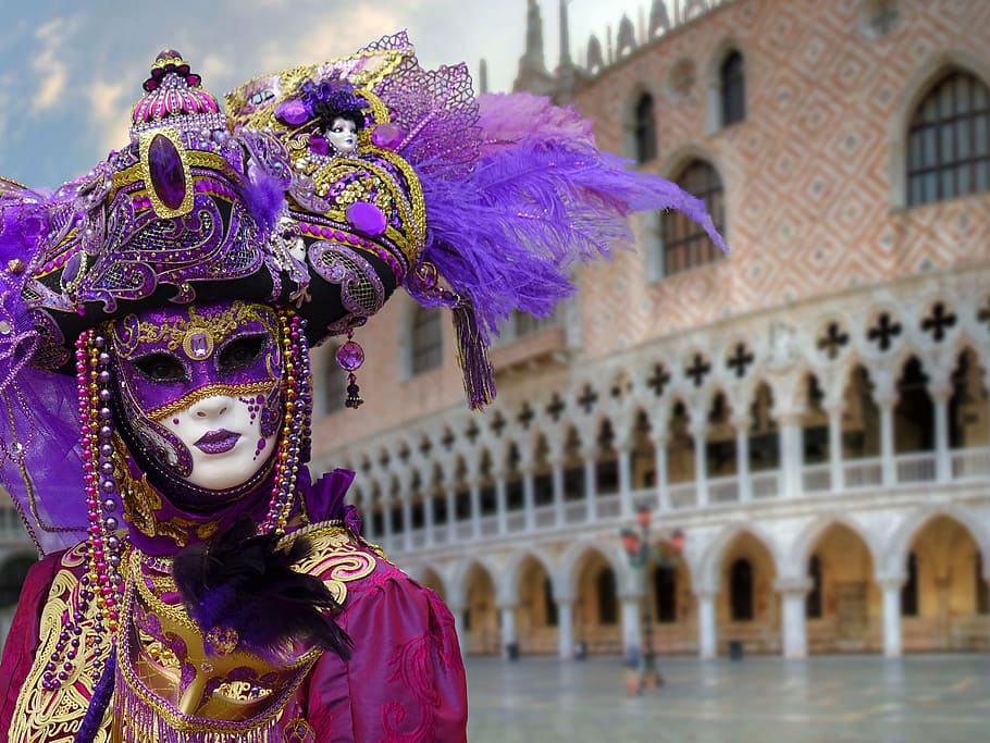 person wearing purple masquerade mask, masks, mask of venice