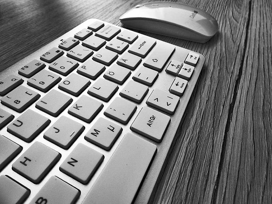 grey wireless keyboard and mouse, desk, workplace, black and white HD wallpaper