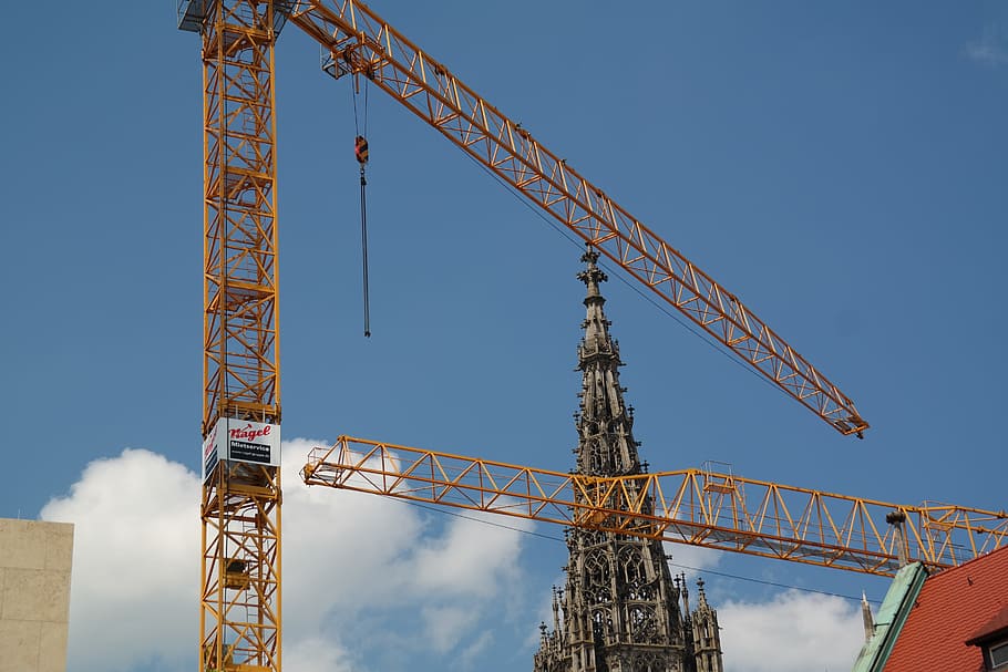 Construction Cranes, site, construction work, ulm cathedral HD wallpaper