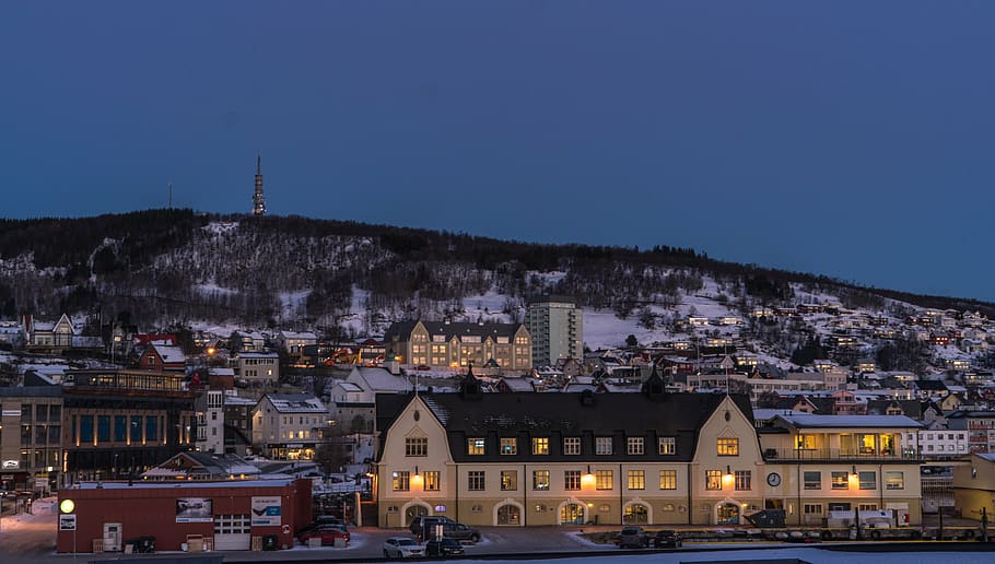 lighted town near mountain, norway, tromso, architecture, dark HD wallpaper
