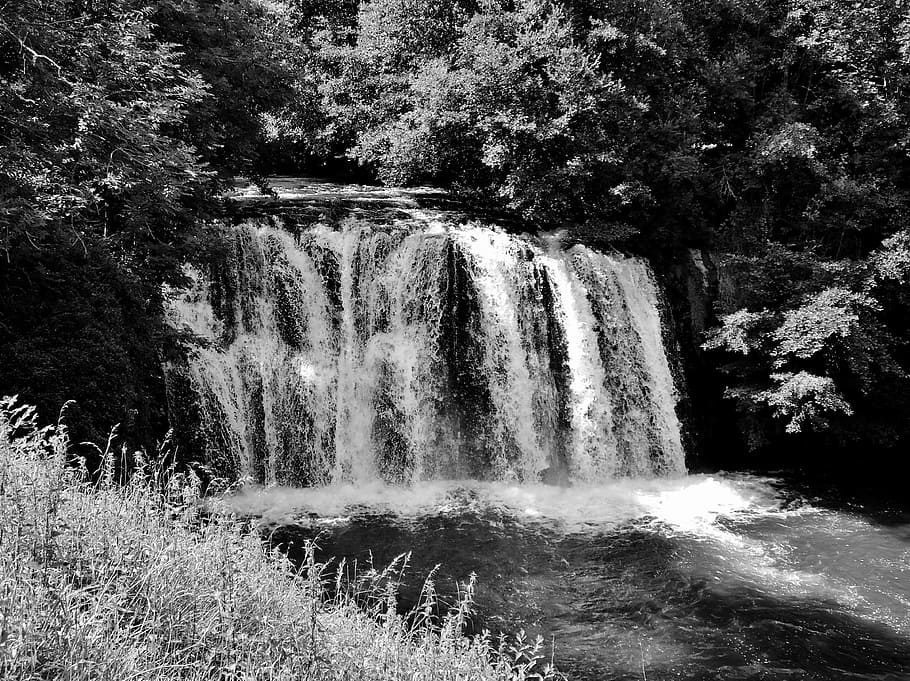 cascade, water, nature, force, landscapes, waterfall, black HD wallpaper
