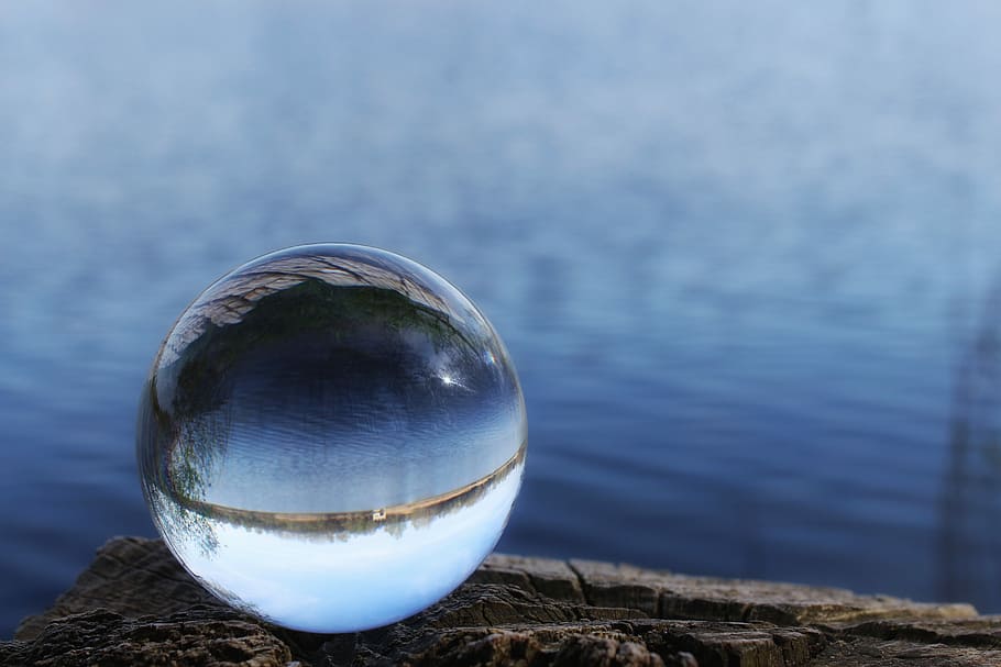 round clear ball on brown surface, waters, nature, reflection HD wallpaper