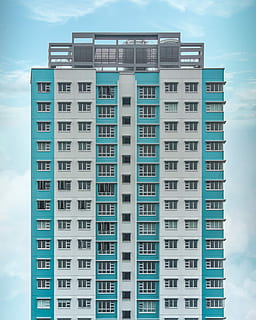 teal and white high-rise building, white and blue building, sky HD wallpaper