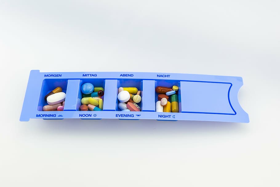 blue medication pill organizer, drug pusher, tablets, medical