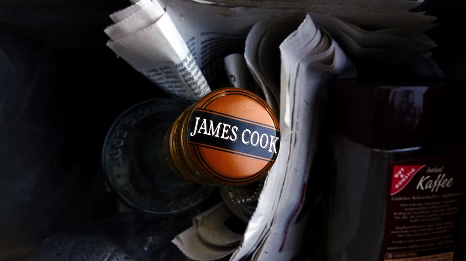 Garbage Can, Bottle, Newspaper, james cook, empty, debris, text HD wallpaper