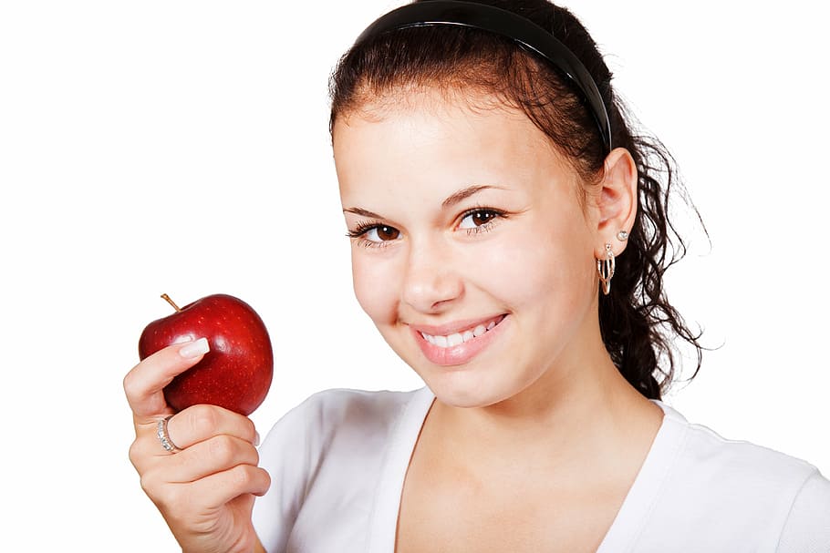 woman holding red apple fruit, cute, diet, female, food, girl, HD wallpaper