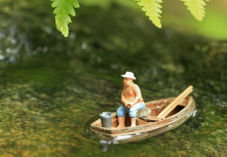 boot, water, pond, angler, miniature, small, figure, sculpture HD wallpaper