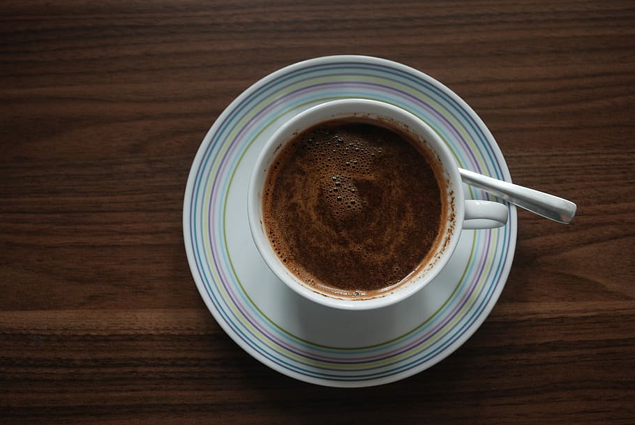 coffee filled white ceramic mug on white ceramic saucer, the drink HD wallpaper