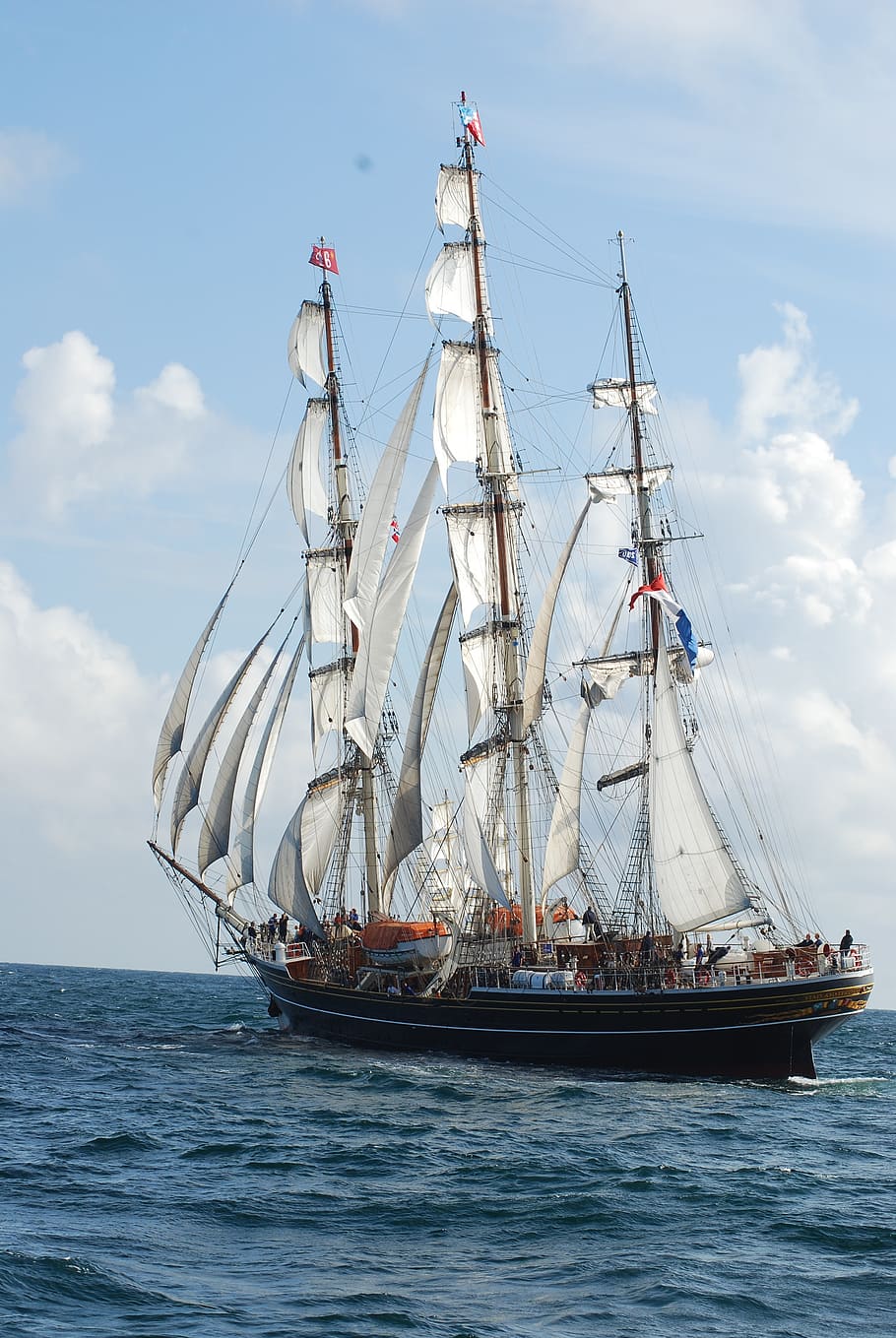white and black galleon, clipper ship, tall, masts, sailing, nautical, HD wallpaper