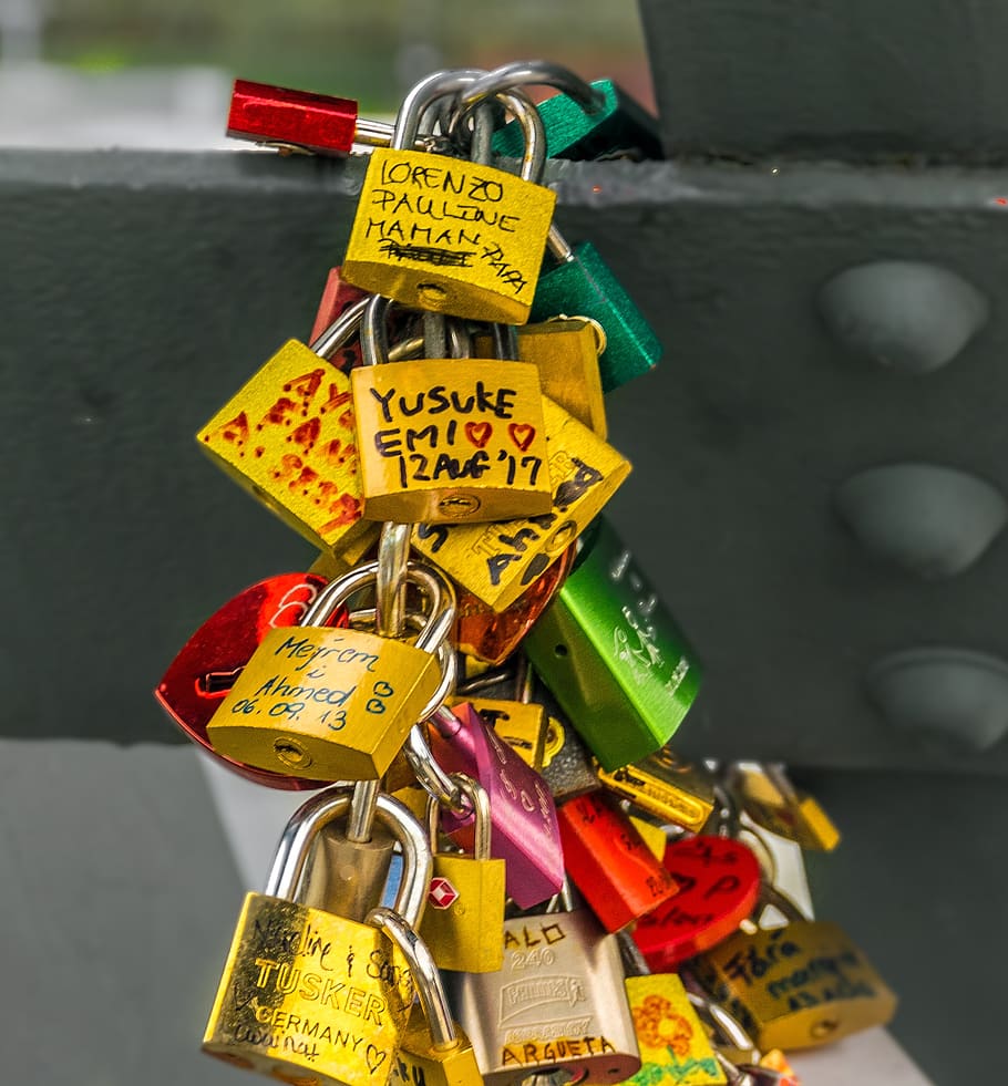 love locks, bridge, safety, padlock, security, text, protection HD wallpaper