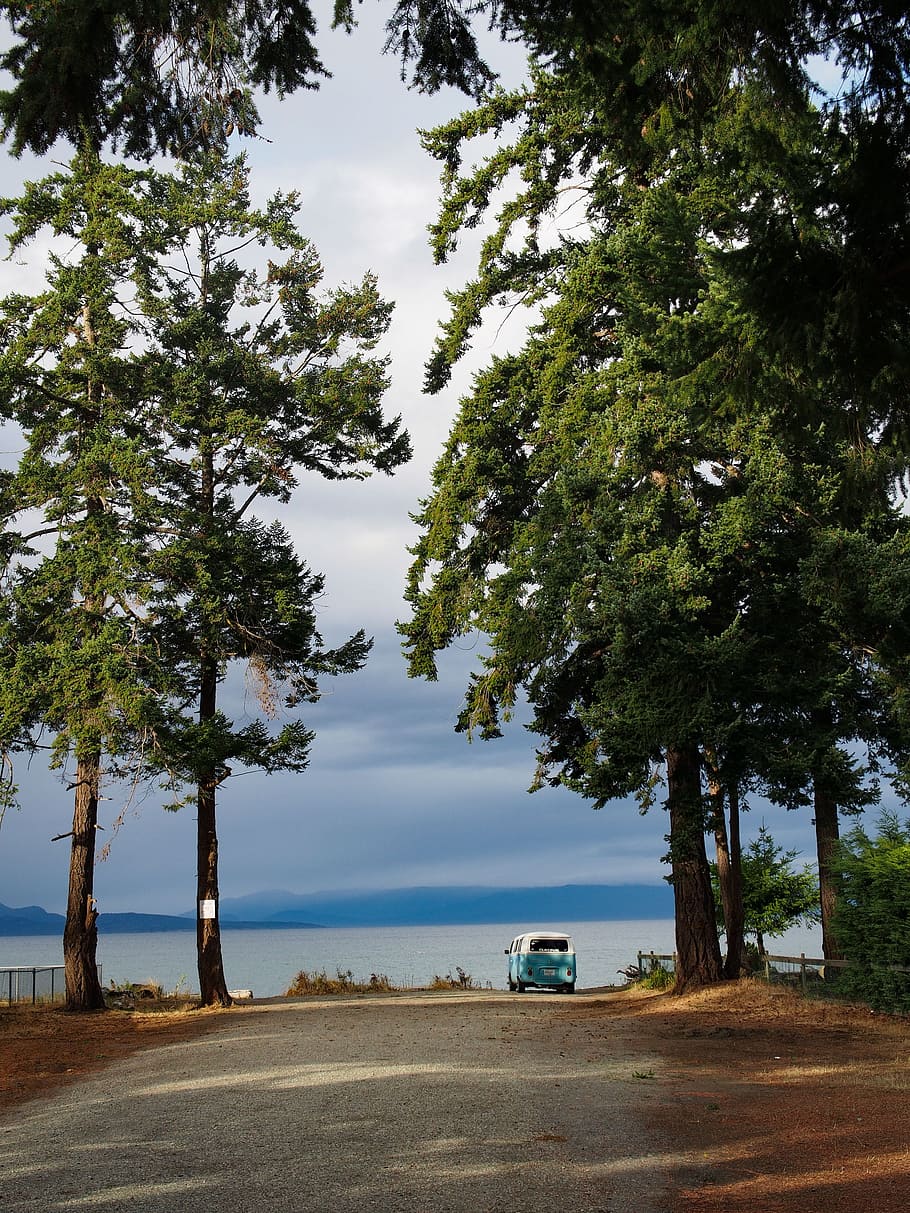 white and blue van near body of water, teal and white minivan traveling near body of water during daytime HD wallpaper