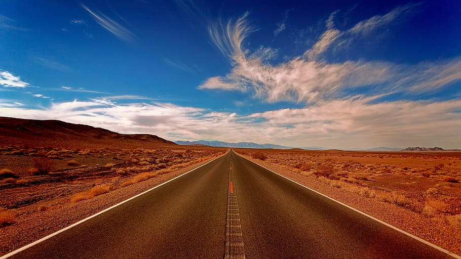 highway and desert during day, landscape, highland, blue, sky HD wallpaper