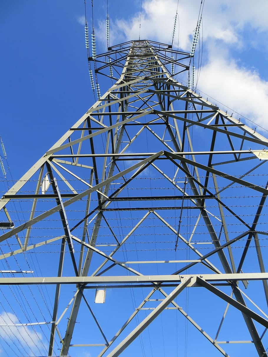 pylon, electricity, blue, sky, infrastructure, grid, steel HD wallpaper