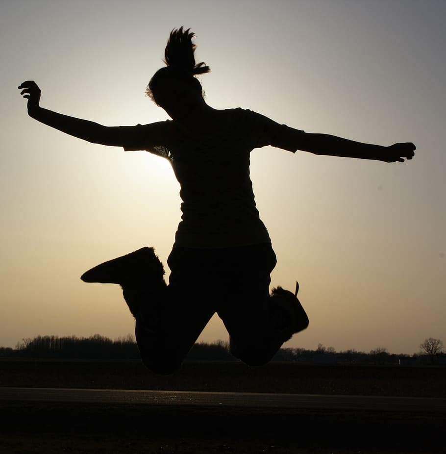 girl, joy, shadow, young, happy, jump, silhouette, sky, sunset HD wallpaper