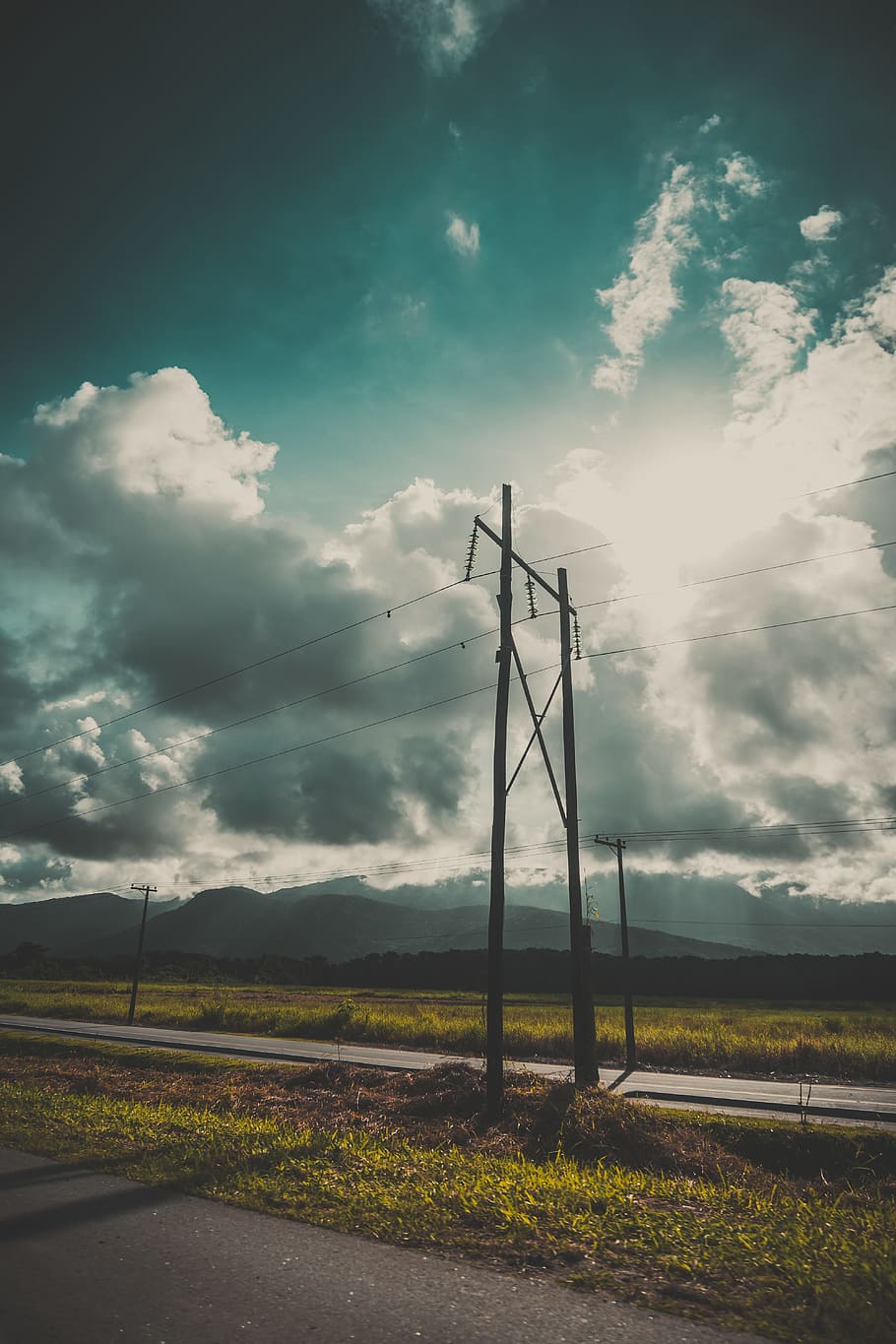 road, landscape, nature, sky, clouds, electricity, energy, environment HD wallpaper