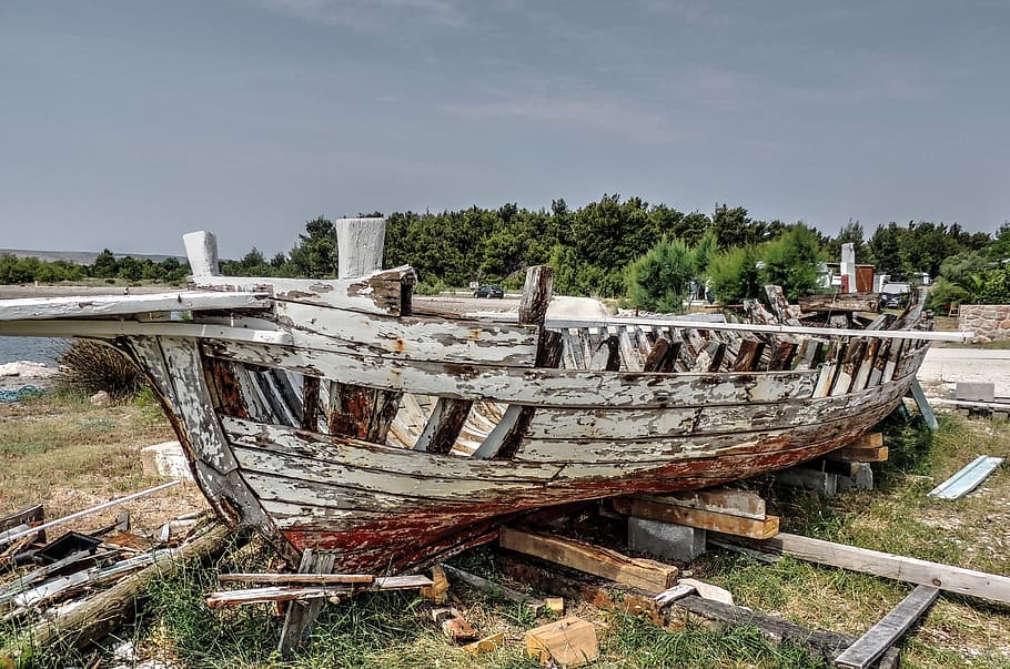 boat, old, wreck, expired, old wood, ship wreck, rotten, peeled off HD wallpaper