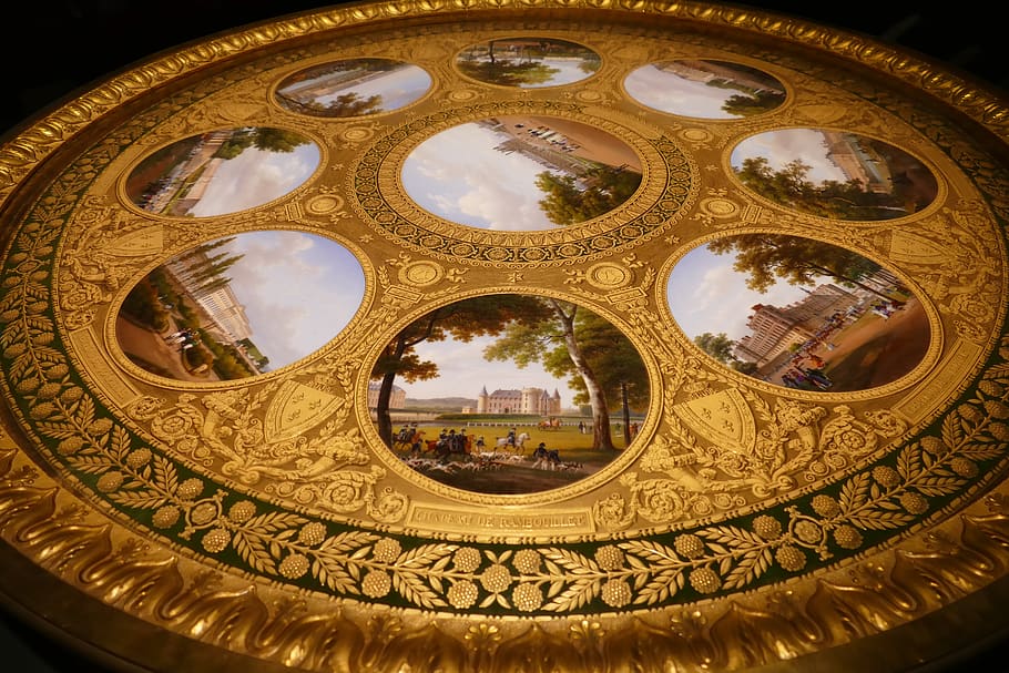 table, table top, around, circle, gold, gilt, castle, wealth, HD wallpaper