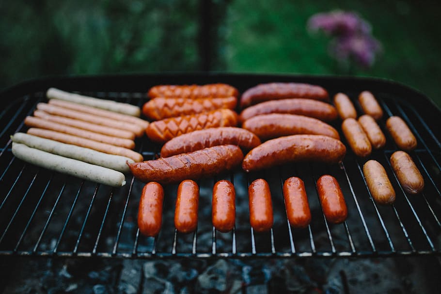 HD wallpaper: Sausages on the grill, food, kielbasa, barbecue, cook, fire, ...