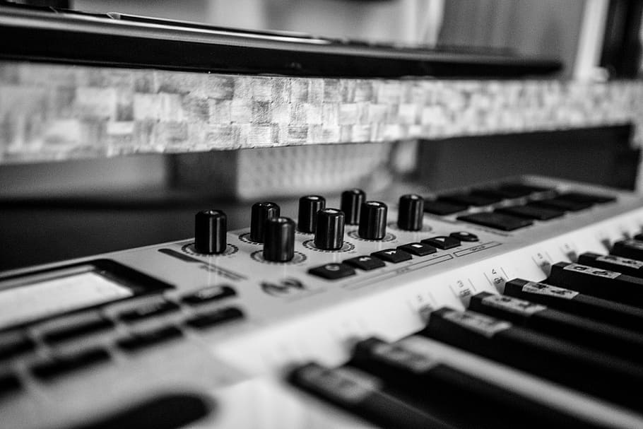 focus and grayscale photography of audio mixer, music, home recording