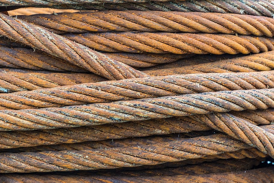 pile of brown ropes, Wire Rope, Rust, Industry, Heavy, coil, strength, HD wallpaper