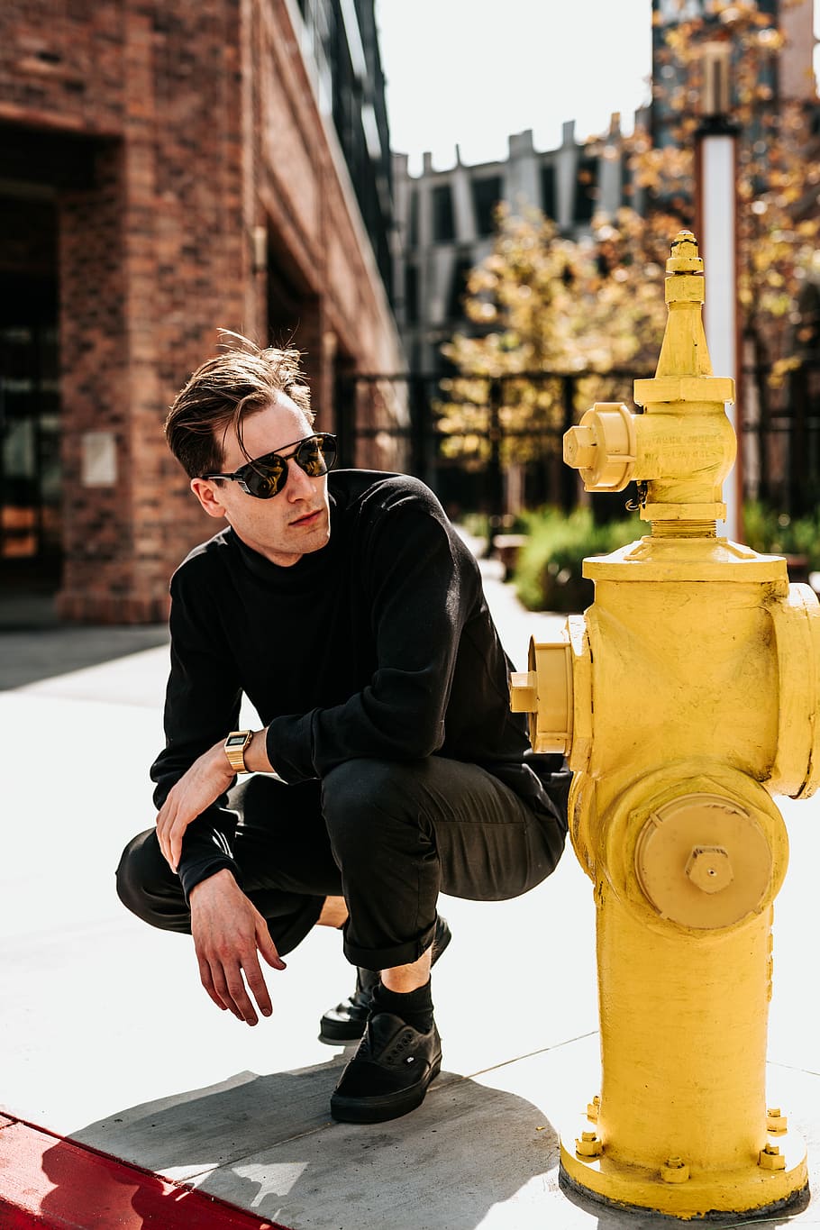 person posing beside fire hydrant, man squatting beside fire hydrant