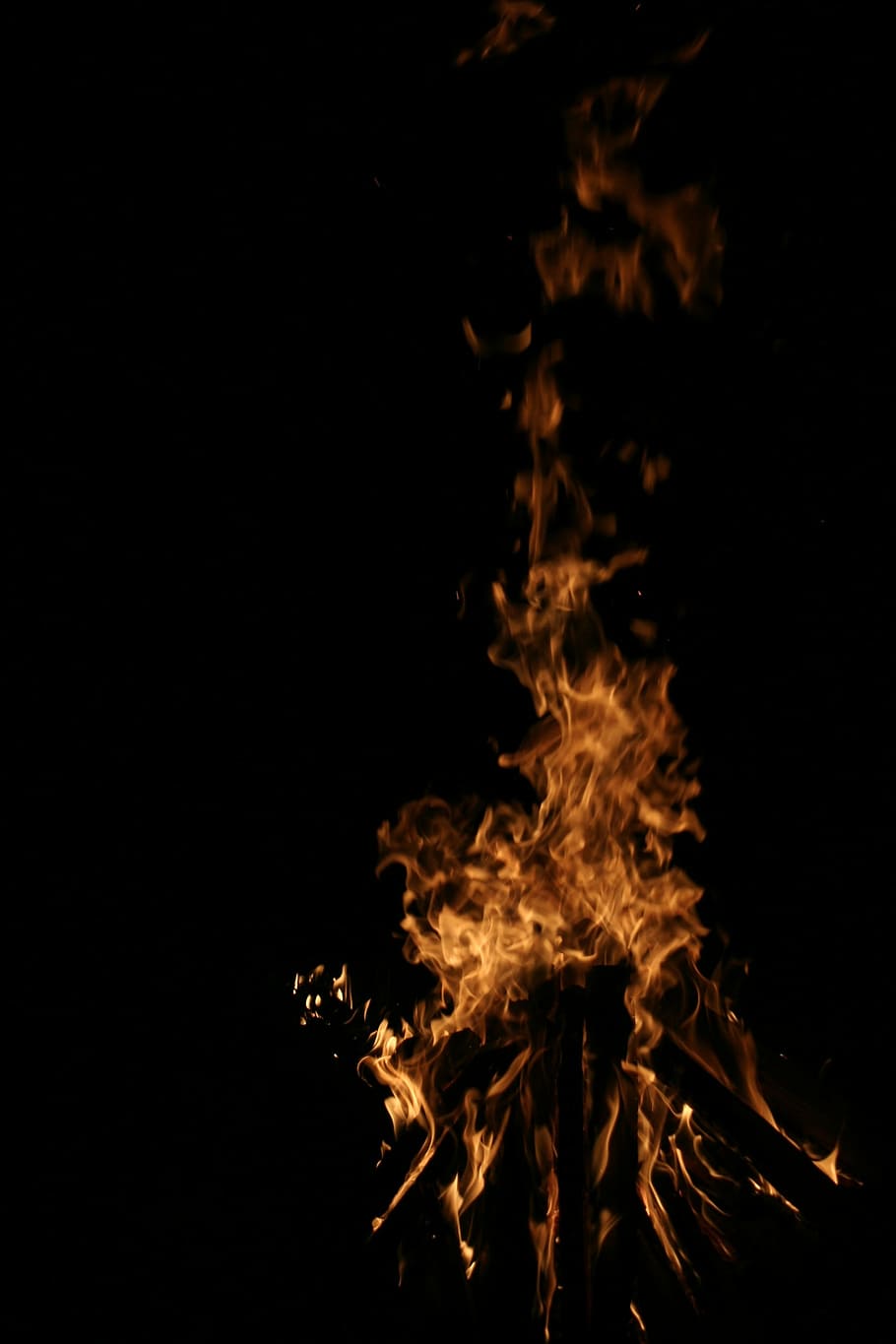 fire, burning, flame, in the evening, darkness, wood fire, sky HD wallpaper