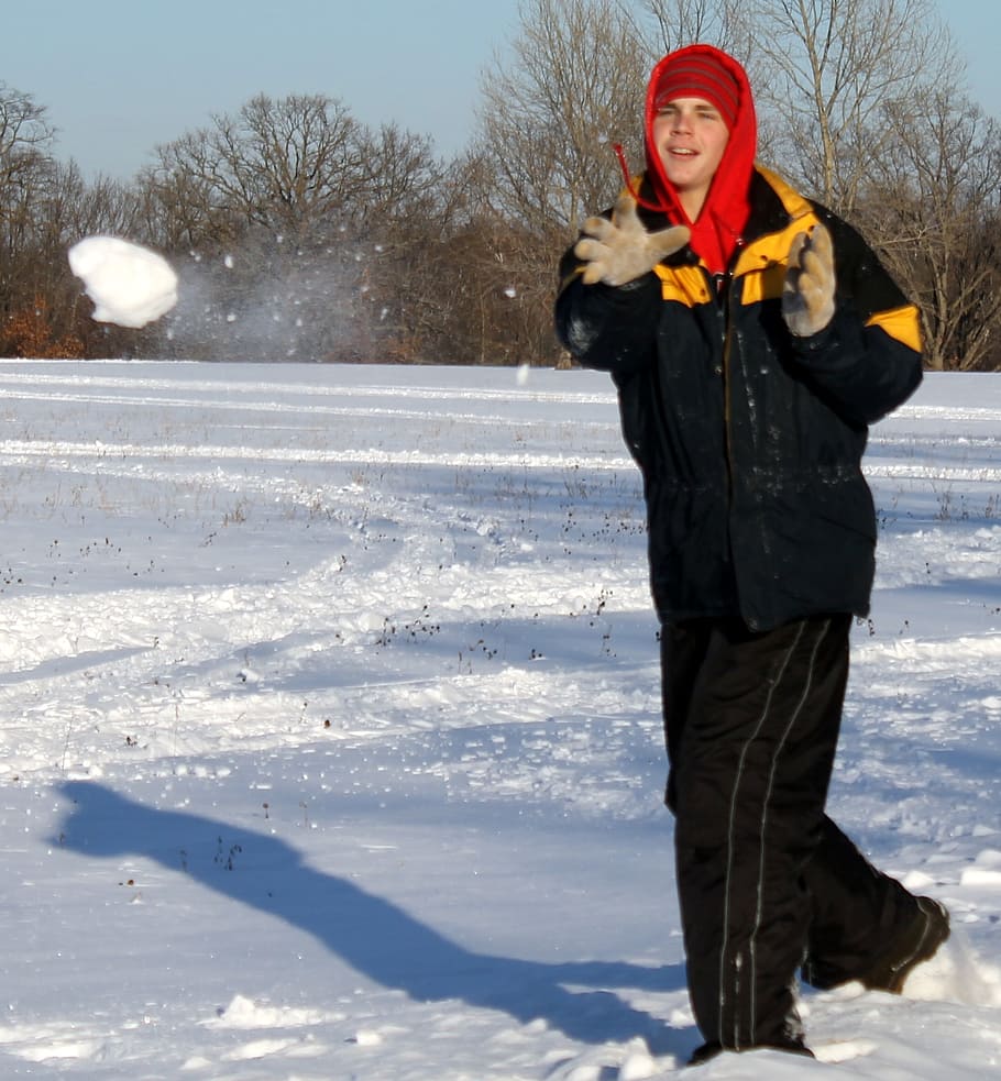 snow, snowball, winter, cold, boy, outside, play, throw, outdoor HD wallpaper