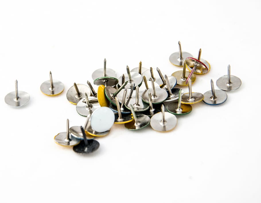 button, thumbtacks, spikes, an injection, white background HD wallpaper